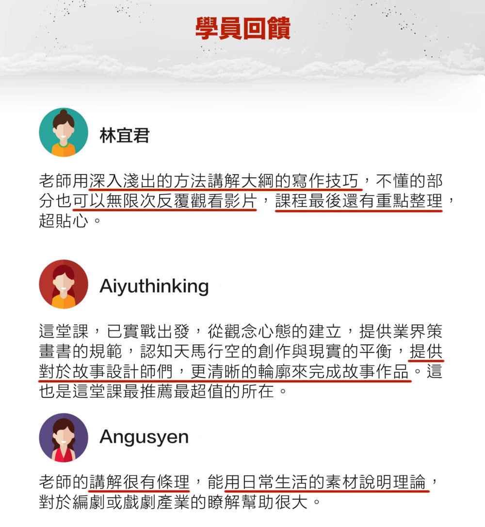 林宜君 老師用深入淺出的方法講解大綱的寫作技巧，不懂的部分也可以無限次反覆觀看影片，課程最後還有重點整理，超貼心。 Aiyuthinking 這堂課，以實戰出發，從觀念心態的建立，提供業界策劃書的規範，認知天馬行空的創作與現實的平衡，提供對於故事設計師們，更清晰的輪廓來完成故事作品。這也是這堂課最超超值的所在。 Angusyen 老師的講解很有條理，能用日常生活的素材說明理論，對於編劇或戲劇產業的了解幫助很大。