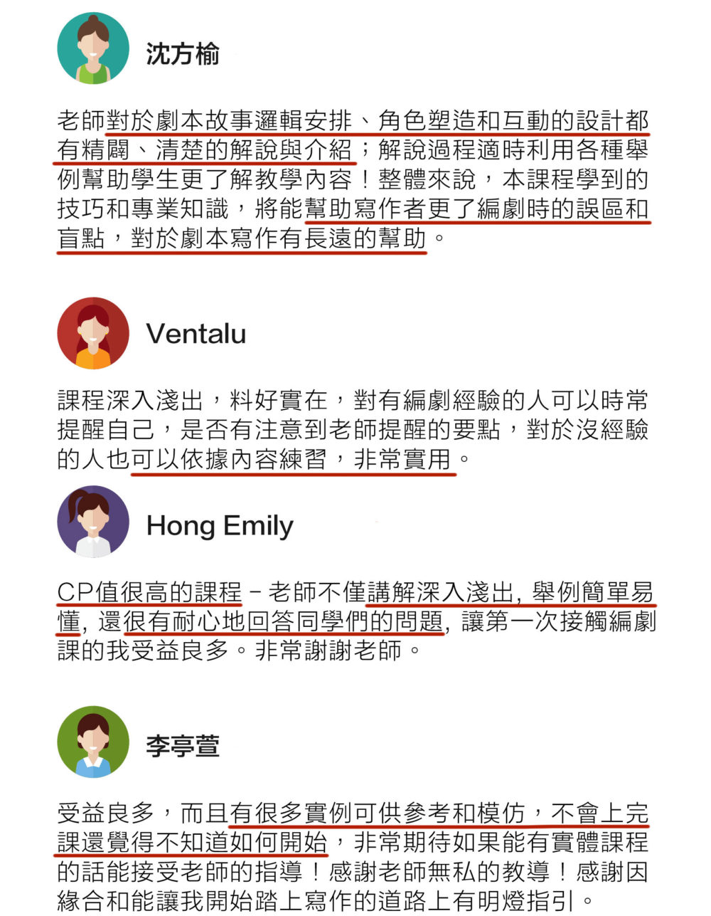 沈方榆 老師對於劇本故事邏輯安排、角色塑造和互動的設計都有精闢、清楚的戒說與介紹；解說過程適時利用各種舉例幫助學生更了解教學內容！整體來說，本課程學到的技巧和專業知識，將能幫助寫作者更瞭解編劇時的誤區和盲點，對於劇本寫作有長遠的幫助。 Ventalu 課程深入淺出，料好實在，對有編劇經驗的人可以時常提醒自己，是否有注意到老師提醒的要點，對於沒經驗的人也可以依據內容練習，非常實用。 Hong Emily CP值很高的課程-老師不僅講解深入淺出, 舉例簡單易懂, 還很有耐心地回答同學們的問題, 讓第一次接觸編劇課的我受益良多. 非常謝謝老師. 李亭萱 受益良多，而且有很多實例可供參考和模仿，不會上完課還覺得不知道如何開始，非常期待如果能有實體課程的話能接受老師的指導! 感謝老師無私的教導! 感謝因緣合和能讓我開始踏上寫作的道路上有明燈指引。